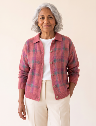 Dana Plaid Knit Cardigan in Pink