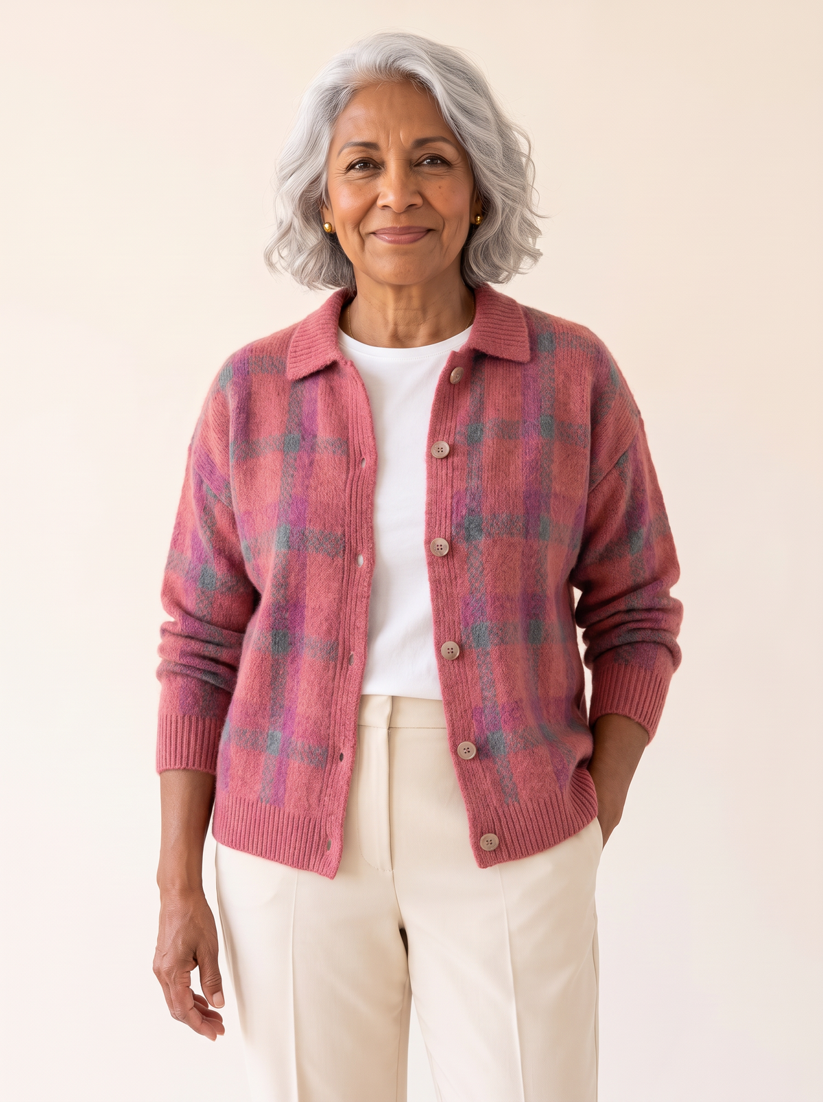 Dana Plaid Knit Cardigan in Pink