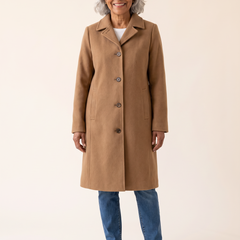 Serena Classic Long Button Coat in Brown front view