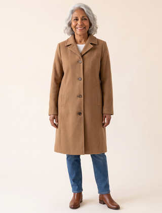 Serena Classic Long Button Coat in Brown front view