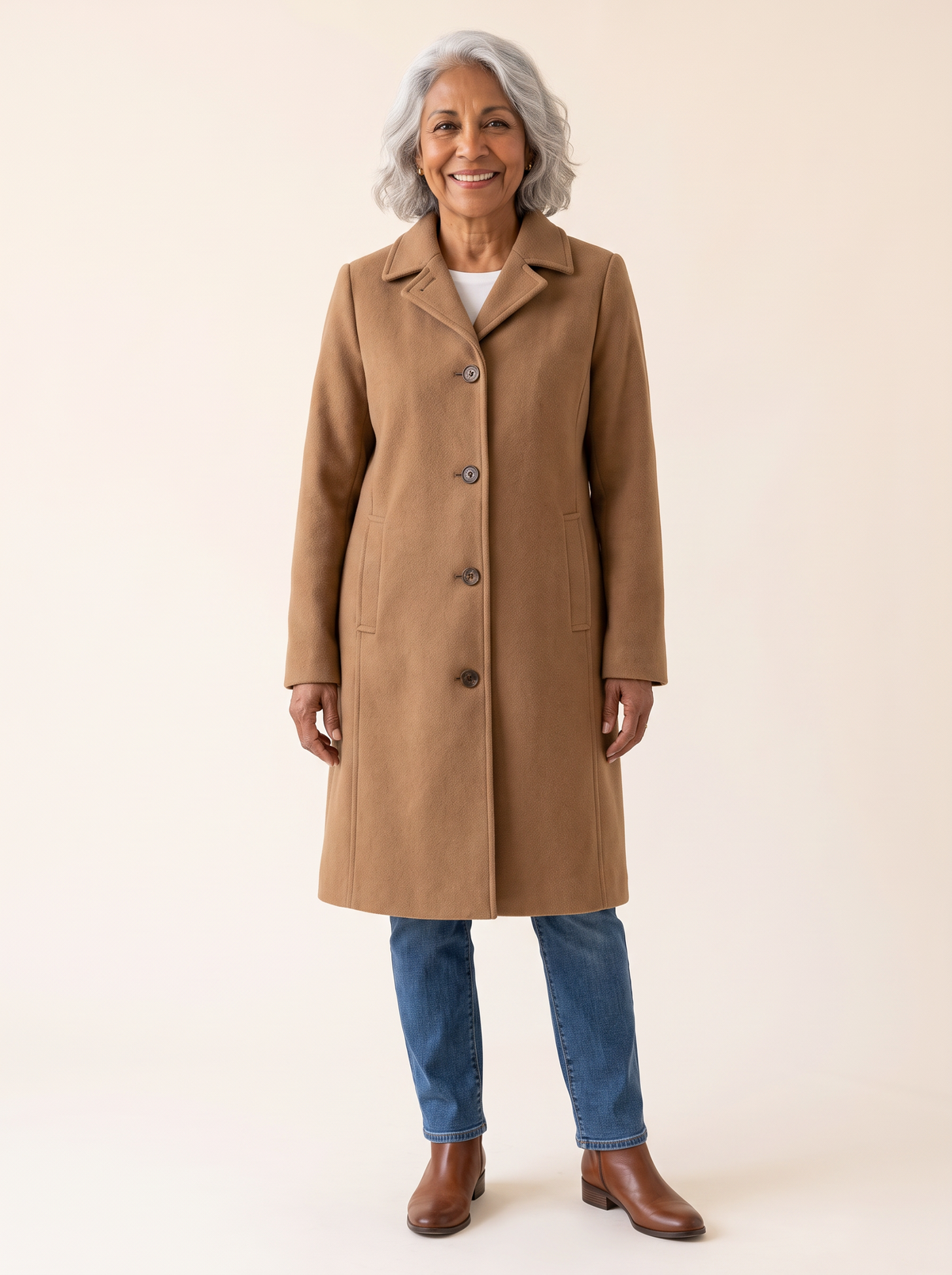 Serena Classic Long Button Coat in Brown front view