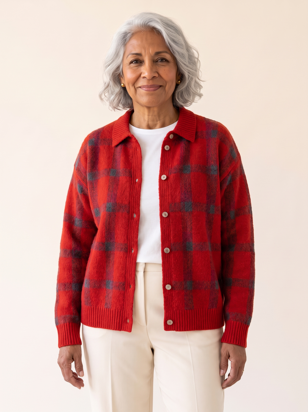 Dana Plaid Knit Cardigan in Red