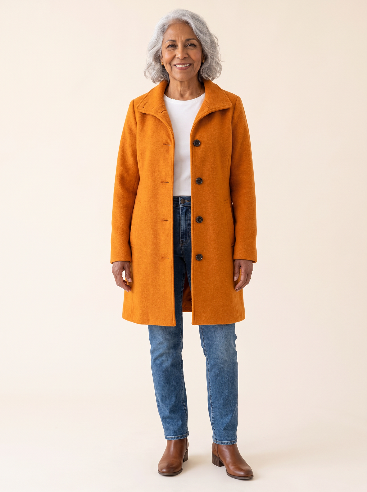 Serena Classic Long Button Coat in Orange