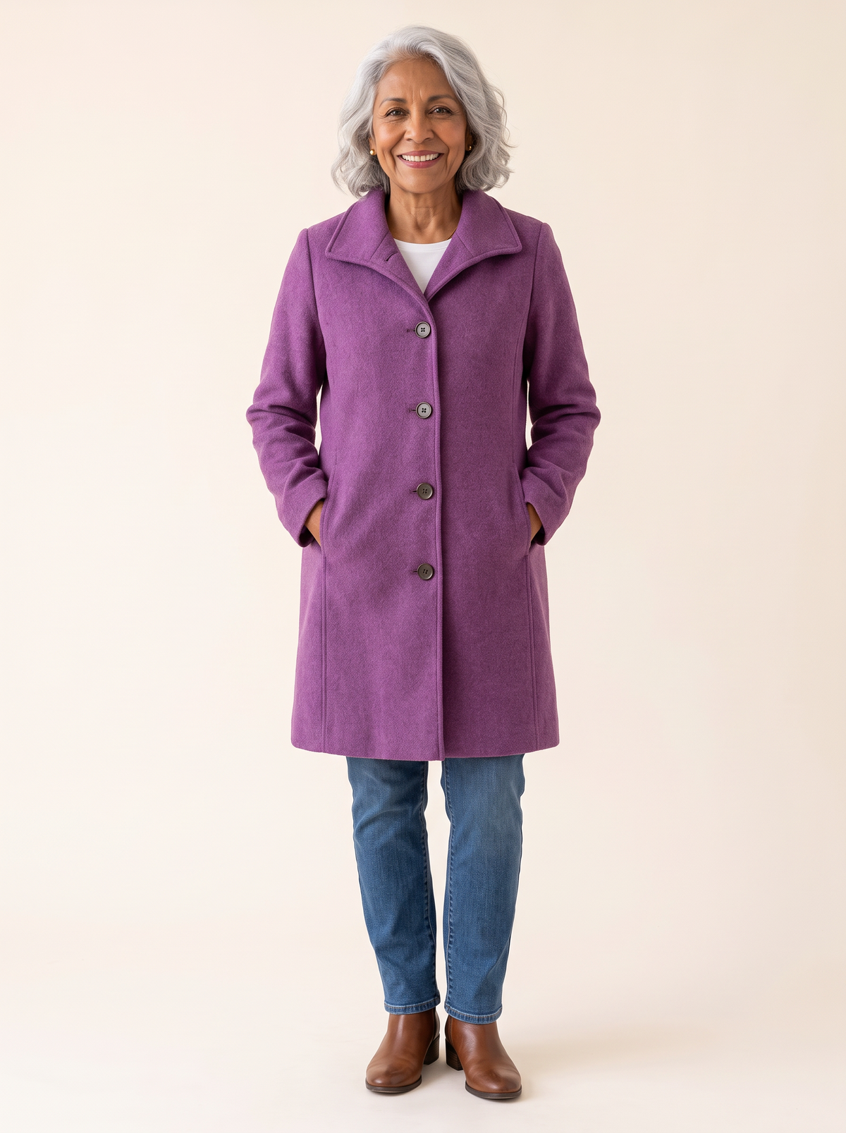 Serena Classic Long Button Coat in Purple