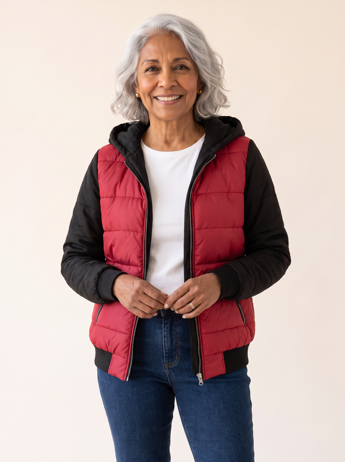 Sabrina Hooded Color Block Puffer Jacket in Red
