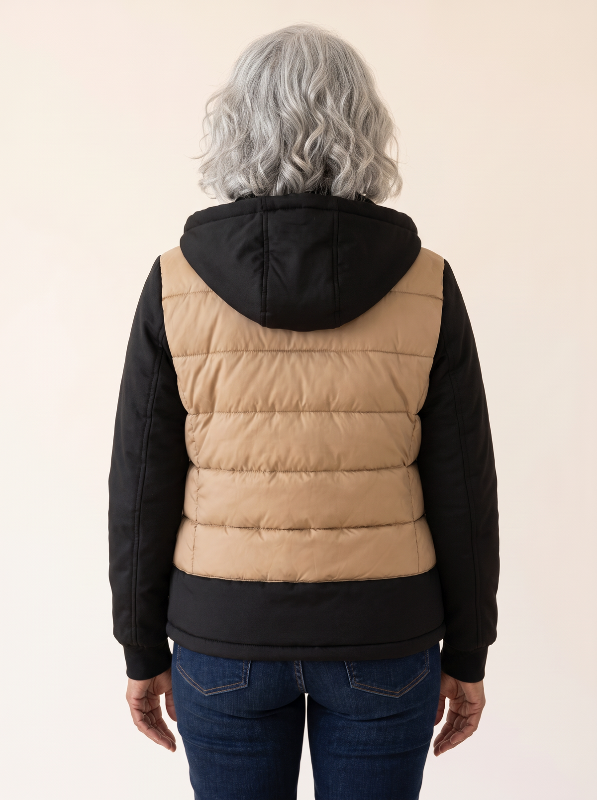 Sabrina Hooded Color Block Puffer Jacket in Khaki back view