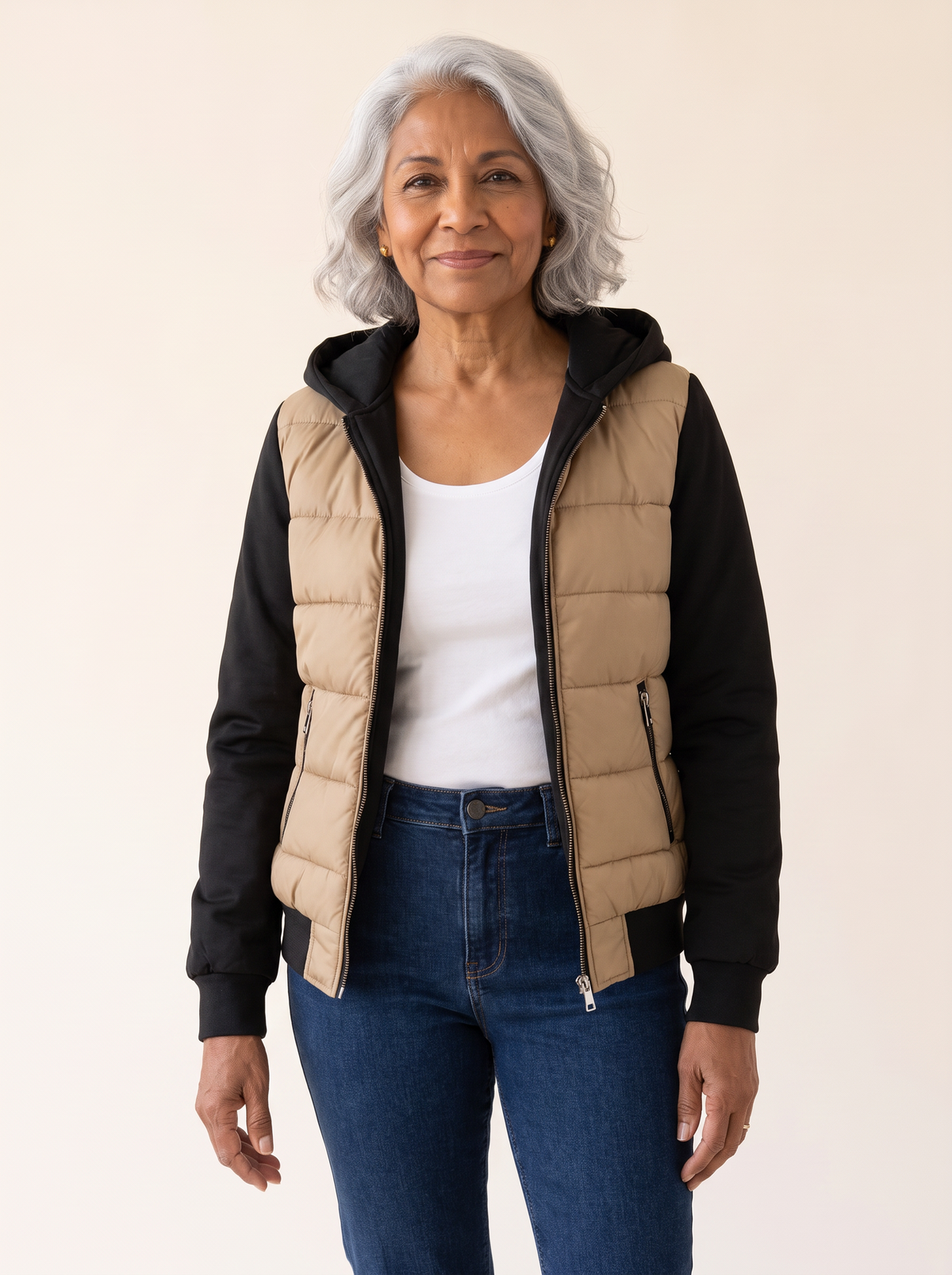 Sabrina Hooded Color Block Puffer Jacket in Khaki front view