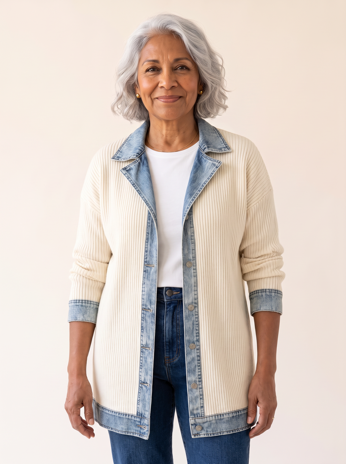 Rosalinda Ribbed Long Cardigan with Denim Details in White front view