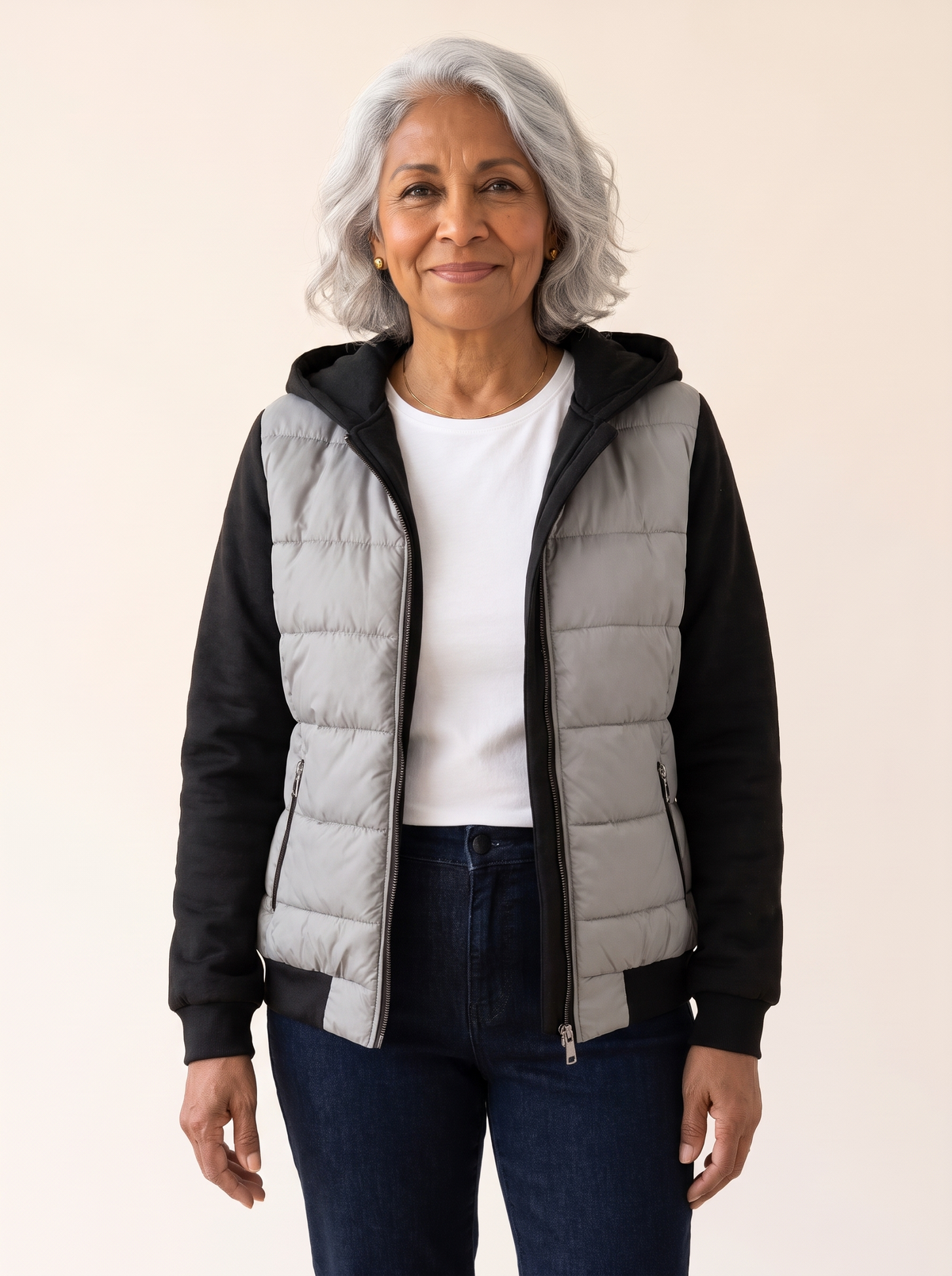 Sabrina Hooded Color Block Puffer Jacket in Gray