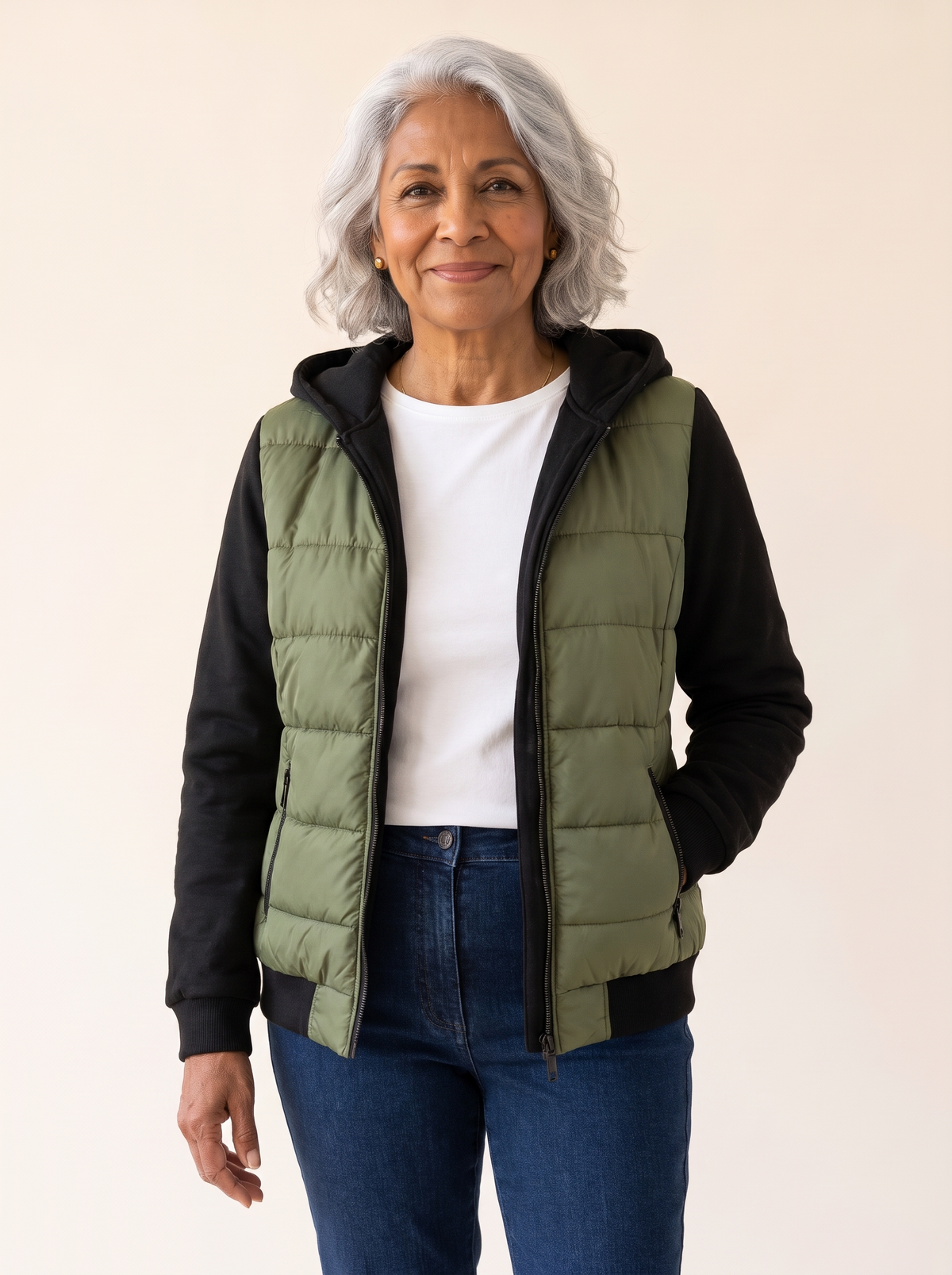 Sabrina Hooded Color Block Puffer Jacket in Green