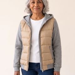 Sabrina Hooded Color Block Puffer Jacket in Beige