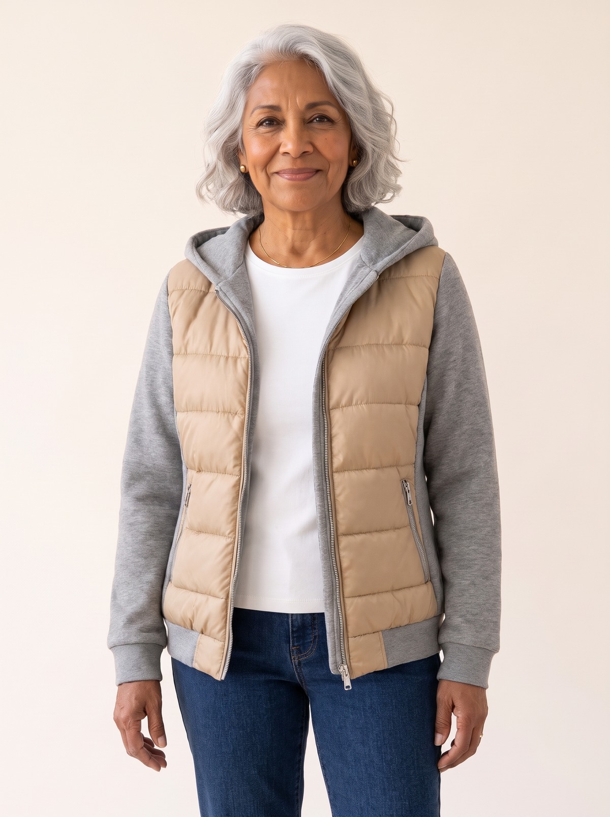 Sabrina Hooded Color Block Puffer Jacket in Beige