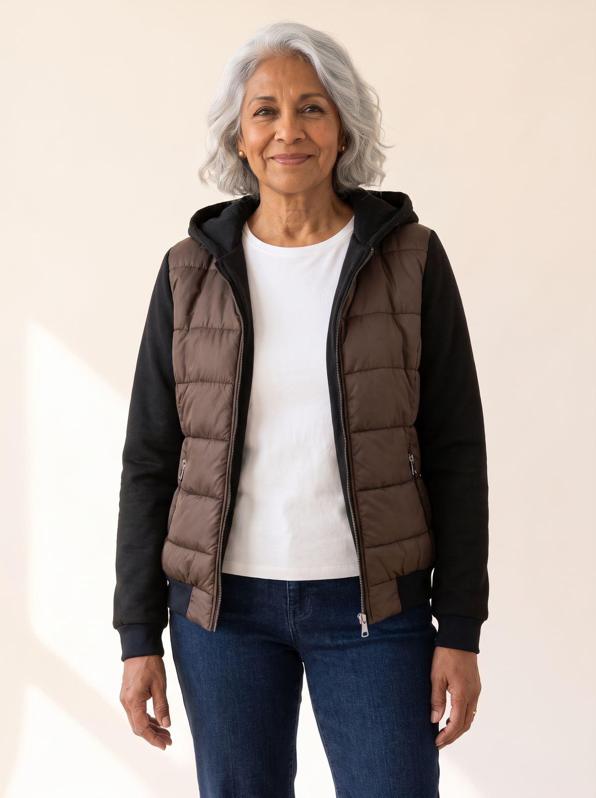 Sabrina Hooded Color Block Puffer Jacket in Brown