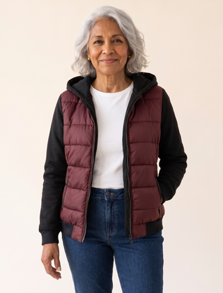 Sabrina Hooded Color Block Puffer Jacket in Burgundy