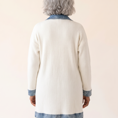 Rosalinda Ribbed Long Cardigan with Denim Details in White back view