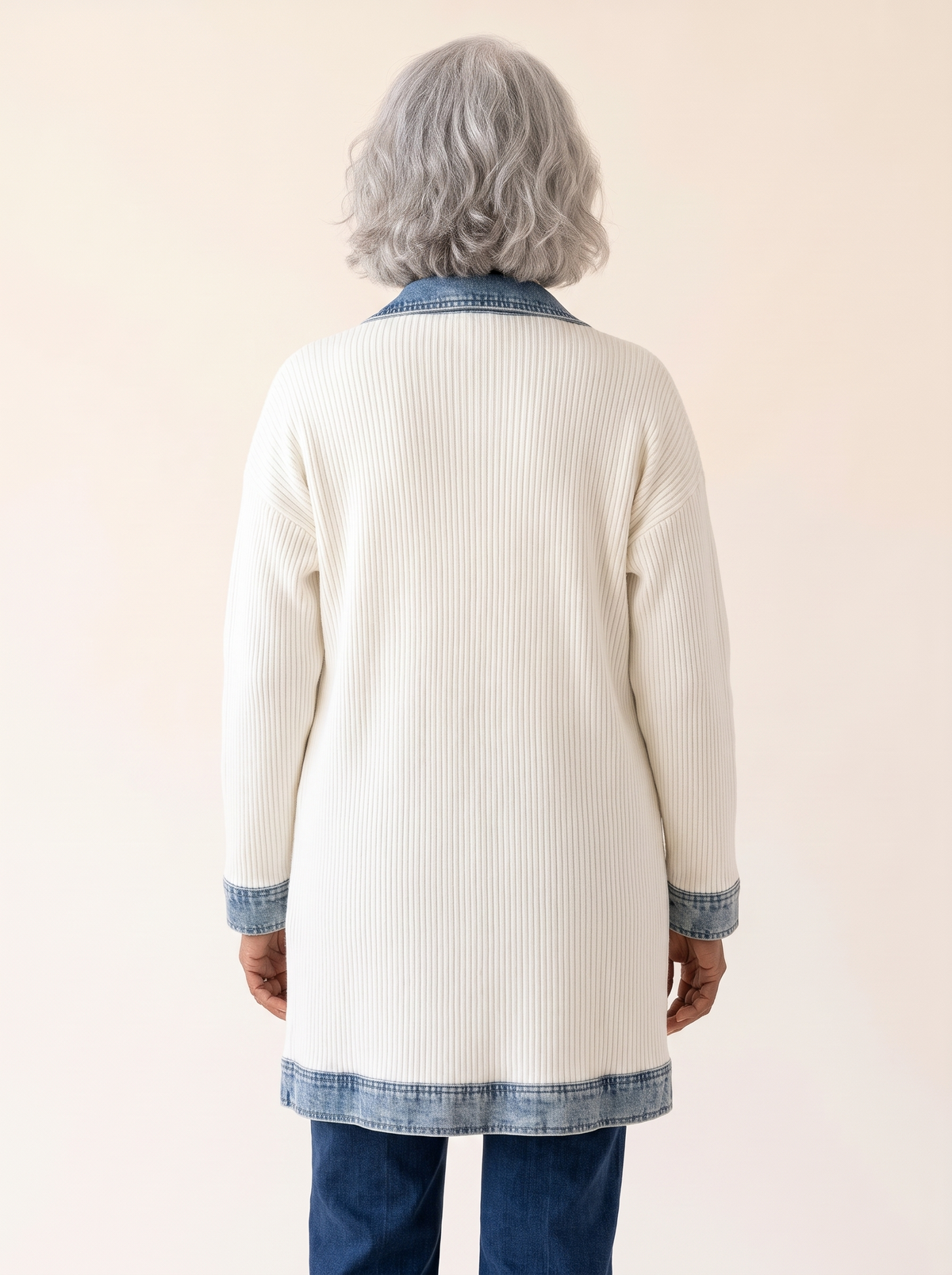 Rosalinda Ribbed Long Cardigan with Denim Details in White back view