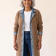 Rosalinda Ribbed Long Cardigan with Denim Details in Khaki