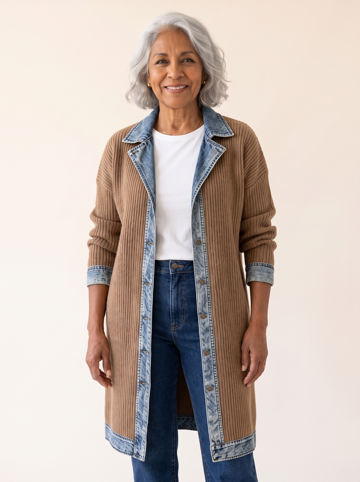 Rosalinda Ribbed Long Cardigan with Denim Details in Khaki