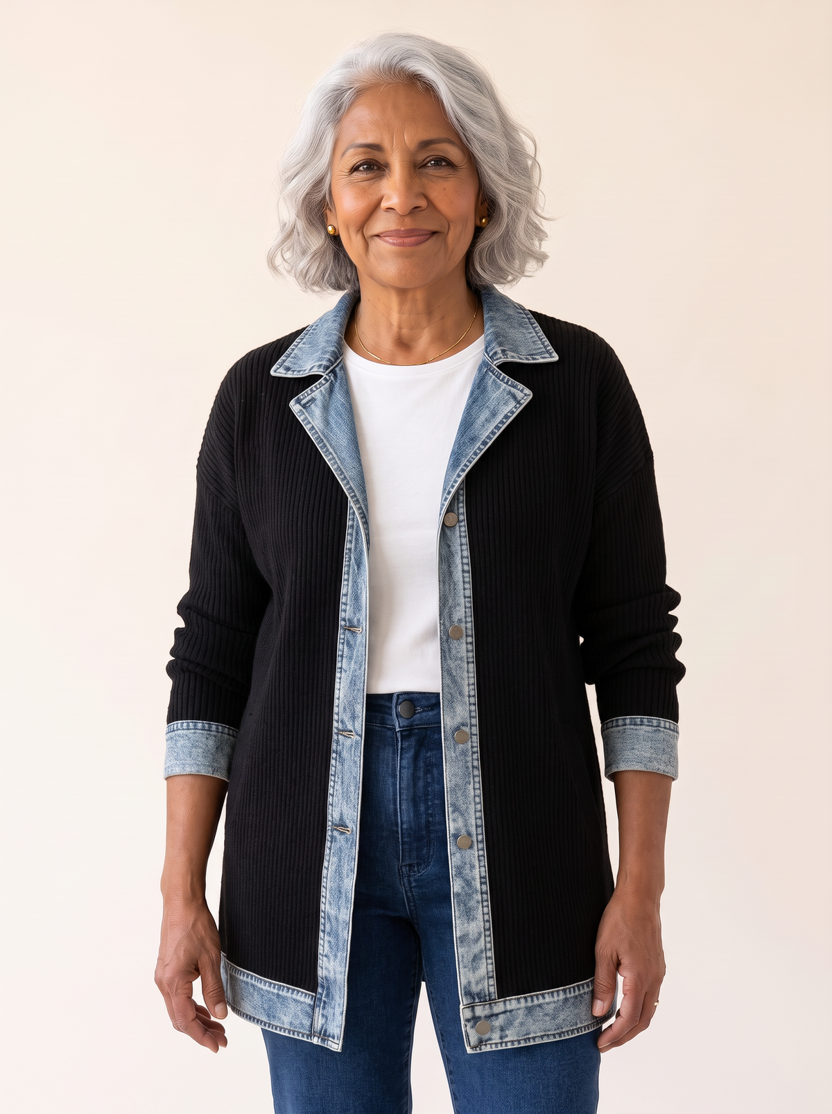 Rosalinda Ribbed Long Cardigan with Denim Details in Black