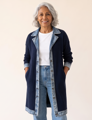Rosalinda Ribbed Long Cardigan with Denim Details in Navy Blue