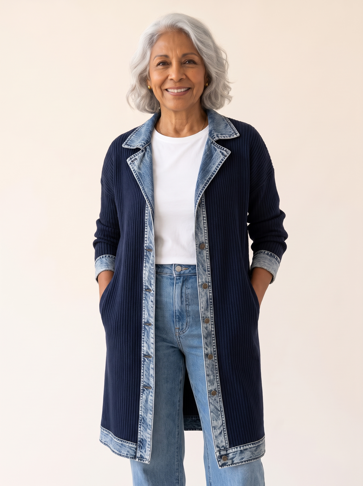 Rosalinda Ribbed Long Cardigan with Denim Details in Navy Blue