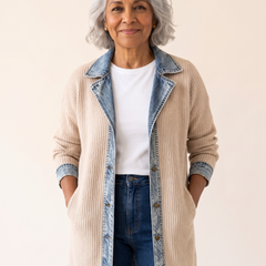 Rosalinda Ribbed Long Cardigan with Denim Details in Beige