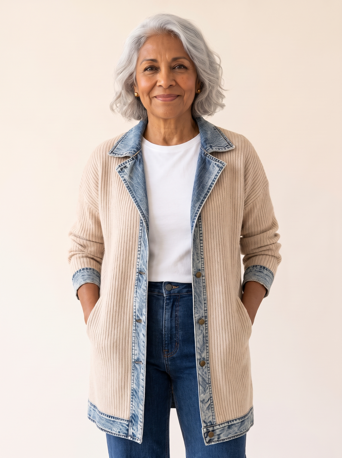 Rosalinda Ribbed Long Cardigan with Denim Details in Beige