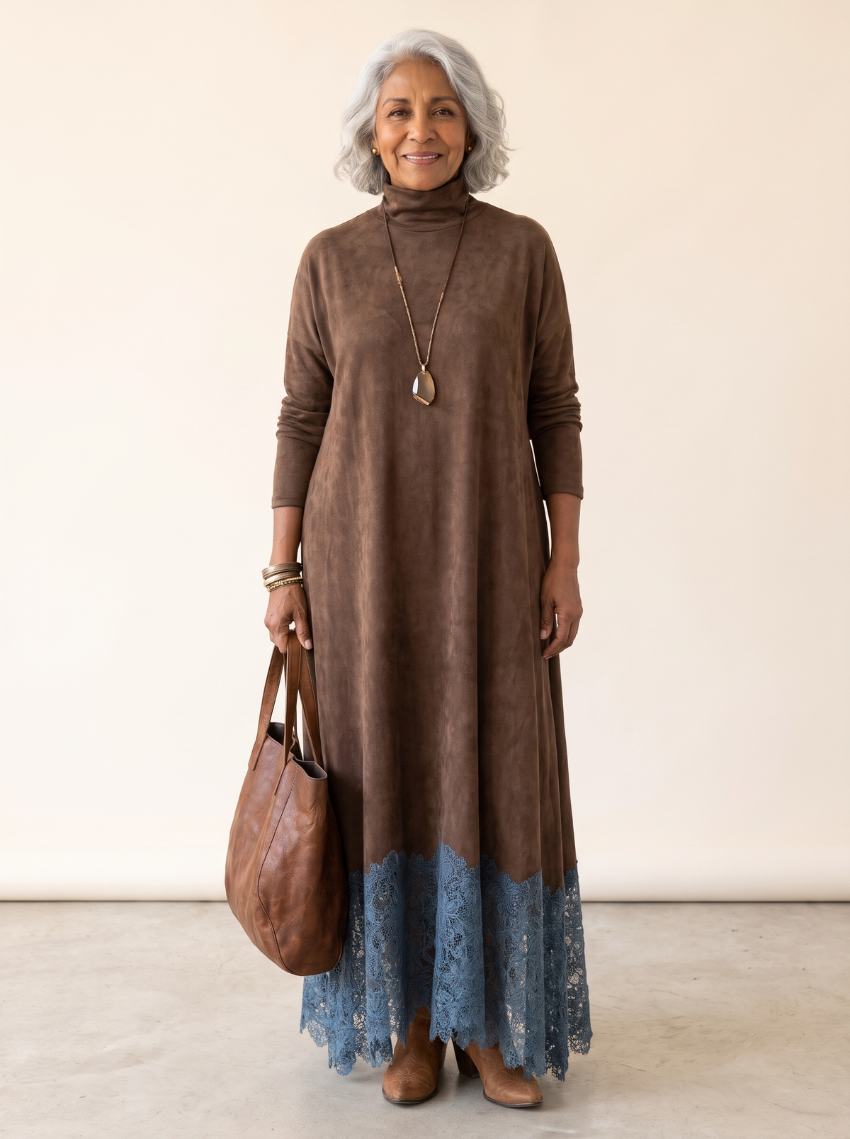 Piera | Suede Effect Maxi Dress with Lace Hem